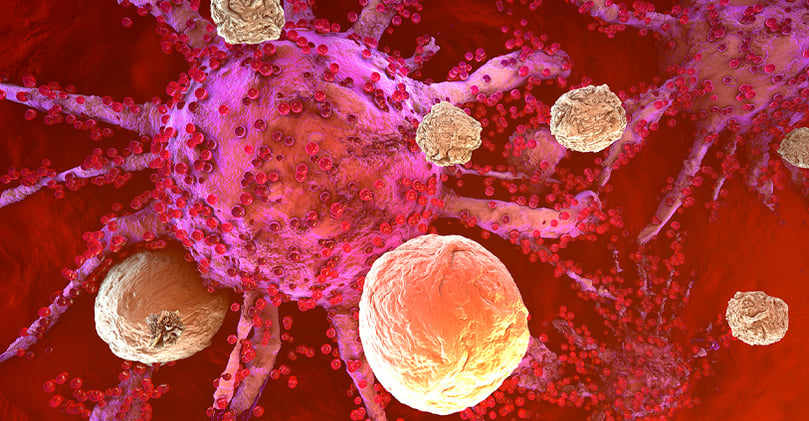 3D rendering of T cells attacking cancer cells