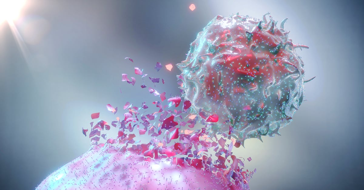 3D Rendering of a Natural Killer Cell (NK Cell) destroying a cancer cell